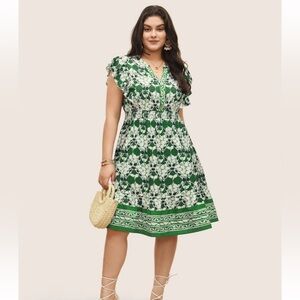 BloomChic Plus Size 3XL Boho Print Ruffles Shirred Pocket Elastic Waist Dress